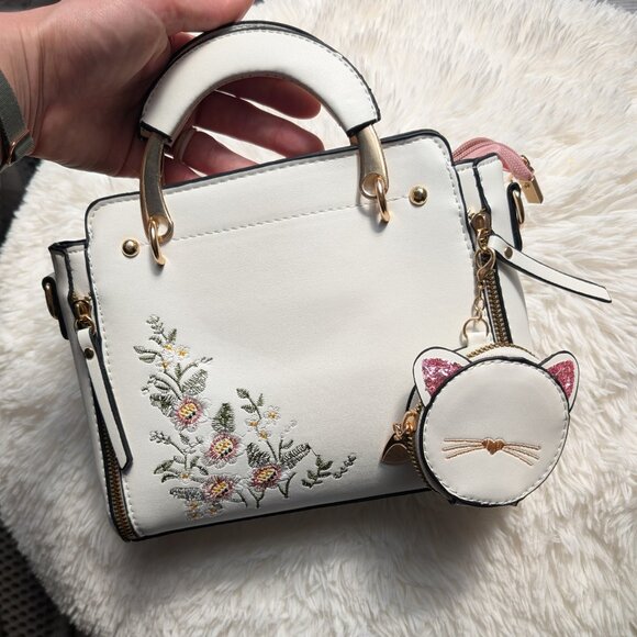 Embroidered Satchel w/ Crossbody Strap & Cat Coin Purse - White Faux Leather - Picture 5 of 12